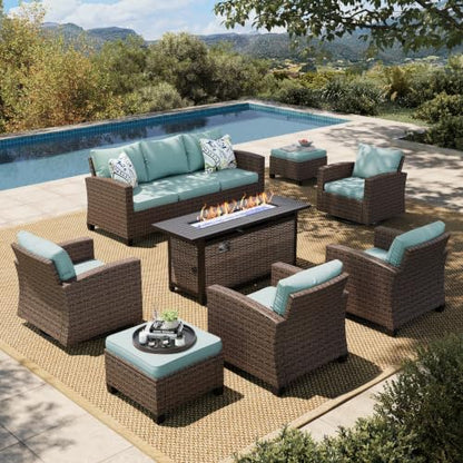 HERA'S HOUSE 8-Piece Wicker Patio Furniture Set with Fire Pit, 9-Seat, Blue