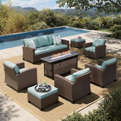 HERA'S HOUSE 8-Piece Wicker Patio Furniture Set with Fire Pit, 9-Seat, Blue