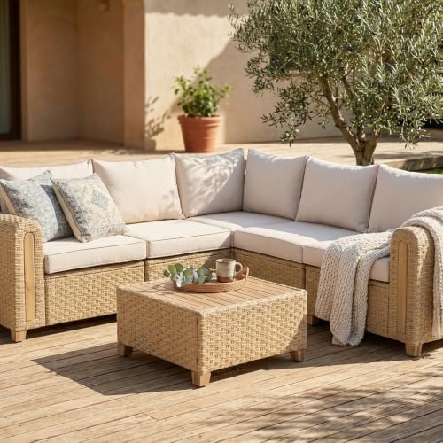 SUNSITT 6-Piece Patio Wicker Modular Sectional Set with Acacia Wood Accents