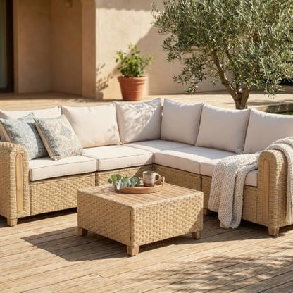 SUNSITT 6-Piece Patio Wicker Modular Sectional Set with Acacia Wood Accents
