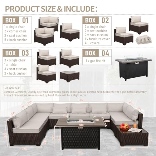 Lviden 10 Pieces Wicker Patio Furniture Set Outdoor PE Rattan Sectional Conversation Sofa Set with Non-Slip Cushions and 45" Fire Pit Table, Beige