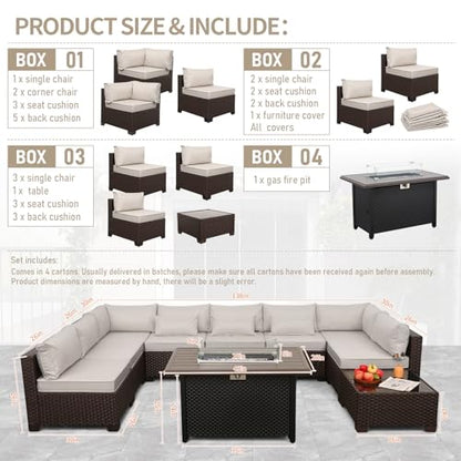 Lviden 10 Pieces Wicker Patio Furniture Set Outdoor PE Rattan Sectional Conversation Sofa Set with Non-Slip Cushions and 45" Fire Pit Table, Beige
