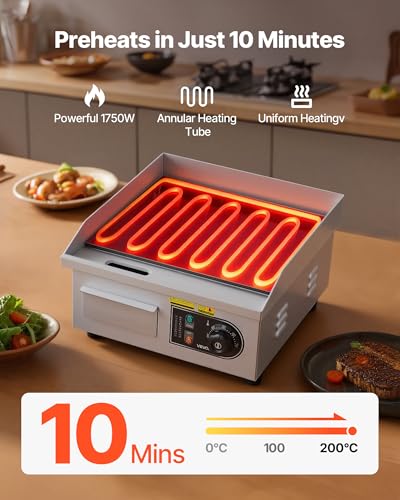VEVOR 14" Commercial Electric Griddle,110V 1500W Electric Countertop Griddle Non-Stick Restaurant Teppanyaki flat top Grill Stainless Steel 122°F-572°F Adjustable Temperature Control(No Plug)