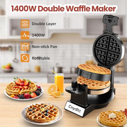 Cnydltt Double Waffle Maker - 1400W Rotating Belgian Waffle Iron, Cooks 2 at Once (8 Slices), 180° Flip Nonstick Plates, Smart Temp Control, Removable Drip Tray, Locking Lid, Stainless, Black