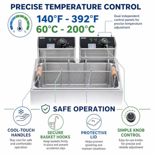 Commercial Deep Fryer with Basket, 12.7QT/12L Large Capacity Electric Oil Fryer, 3400W Stainless Steel Countertop Fryer with Temperature Control & Lids for Restaurant Home Kitchen