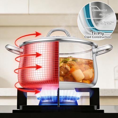 Tifanso Tri-Ply 8 Quart Stainless Steel Stock Pot - Heavy Duty Large Induction Cooking Pot with Lid for Pasta, Soup, Spaghetti, Nonstick Deep Stockpot, Kitchen Cookware for Simmer, Canning, Boiling