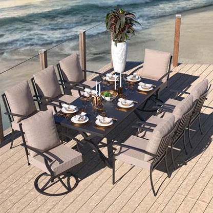 Kullavik 9 Pieces Outdoor Dining Set,Patio Dining Table and Chairs Set for 8,Fence Pattern Back Chairs with Thickened Cushions & Rectangular Metal Dining Table with Umbrella Hole for Patio,Sand