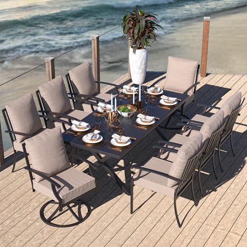Kullavik 9 Pieces Outdoor Dining Set,Patio Dining Table and Chairs Set for 8,Fence Pattern Back Chairs with Thickened Cushions & Rectangular Metal Dining Table with Umbrella Hole for Patio,Sand