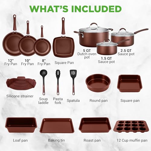 NutriChef 20 Piece Professional Home Kitchen Cookware and Bakeware, Pots and Pans Set Non Stick Kitchenware, Cool-Touch Handles, Safe for Gas, Electric, Induction Cooktops, Easy Clean, Brown