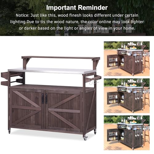 Merax 53.3" Outdoor Kitchen Island with Raised Shelf, Solid Wood Storage Cabinet with Stainless Steel Top, Rolling Grill Cart, Adjustable Shelf, Brown