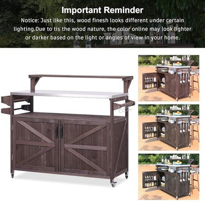 Merax 53.3" Outdoor Kitchen Island with Raised Shelf, Solid Wood Storage Cabinet with Stainless Steel Top, Rolling Grill Cart, Adjustable Shelf, Brown