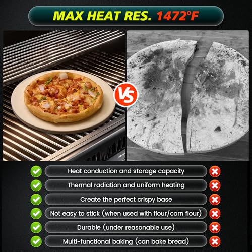 13 Inch Cordierite Pizza Stone 4-Piece Set for Oven & Grill - Round Baking Stone with Wooden Peel, Roller Cutter & Mini Cake Shovel