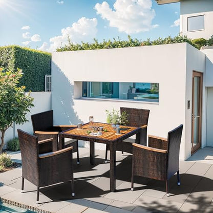 Shintenchi 5 PCS Patio Dining Set, Wicker Outdoor Table and Chairs with Soft Cushions, Patio Furniture Set with Wood Table Top for Backyard, Deck and Garden, Brown Rattan