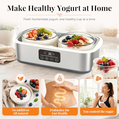 Suteck Yogurt Maker with Glass Jars 2 Quart – Stainless Steel Yogurt Makers with Adjustable Time (0-48H) & Temp Control (68-131°F) for Greek Yogurt, Probiotic, Cheese – BPA-Free, 25W