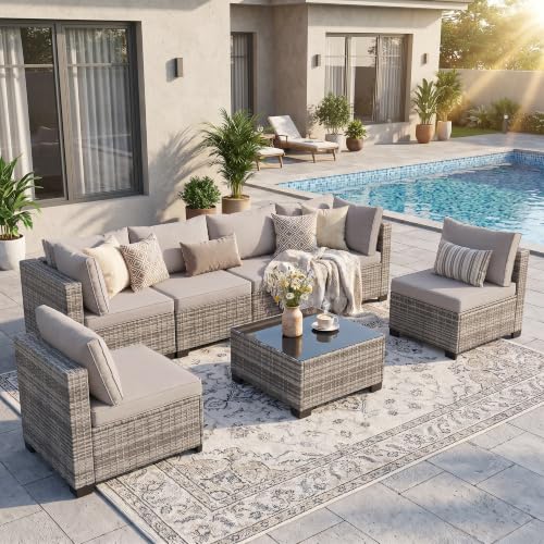 BJROESUW 7 Piece Patio Furniture Set, Outdoor Wicker Sectional Sofa Set