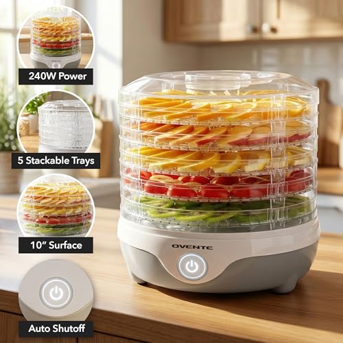 OVENTE Food Dehydrator Machine with 5 Stackable Clear Trays and Drying Space, 240W Electric Food Preserver and Dryer for Snacks, Beef Jerky, Fruits, Veggies, Yogurt and Herbs, Grey DF215GY