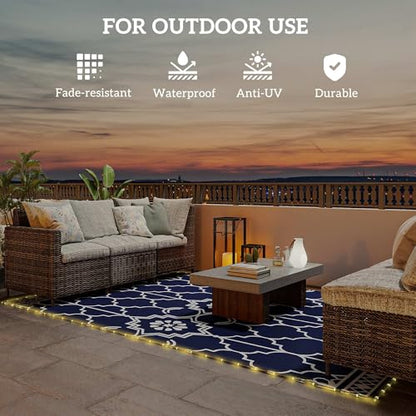 Outsunny Reversible Outdoor Rug Carpet with LED Lights, 12' x 9' PP Straw Rug, Portable RV Camping Mat with Carry Bag and Ground Stakes for Backyard, Deck, Picnic, Beach, Dark Blue and White