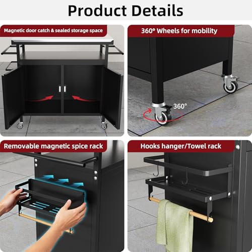 Nessxa Outdoor Grill Cart Bar Cart with Storage Cabinet for Grilling Accessories, XL Portable Outdoor Grill Table with Stainless Steel Top for Kitchen Prep, Lawn & Garden（Black）