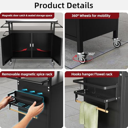 Nessxa Outdoor Grill Cart Bar Cart with Storage Cabinet for Grilling Accessories, XL Portable Outdoor Grill Table with Stainless Steel Top for Kitchen Prep, Lawn & Garden（Black）