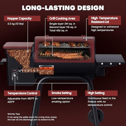 Jocoevol Pellet Smoker Grill Wood Pellet grill Electric Bbq Grills for Outdoor with Auto Feed & Pid Temperature Control 180-425°F, 456 Sq.In Cook Area, 6-In-1 Bbq Grill & Rain Cover For Backyard