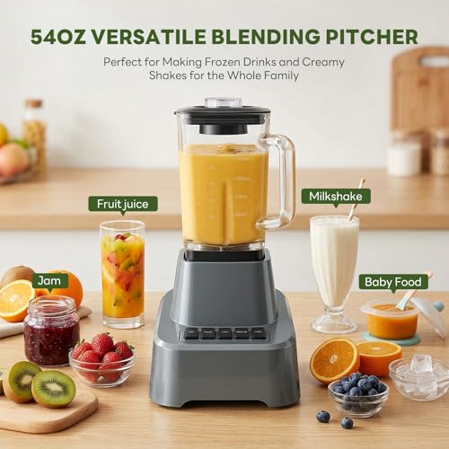 OLIXIS Professional Blender for Smoothies, Full-Size Kitchen Blender with 850 Peak Watts & 54oz Large Glass Pitcher, 4 Speeds with Pulse for Ice Crushing Frozen Fruits, Dishwasher Safe, Grey