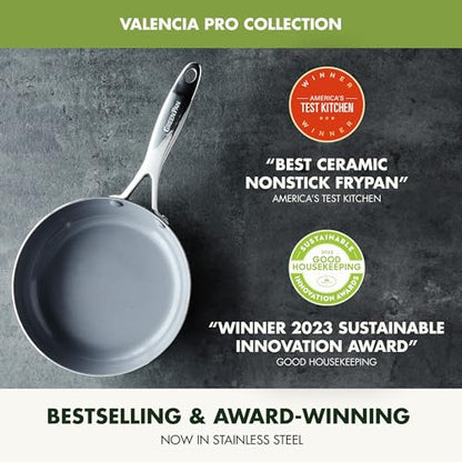 GreenPan Valencia Pro Tri-Ply Stainless Steel 8” & 10” Frying Pan Skillet Set, PFAS-Free Ceramic Nonstick Coating, Induction Ready Cookware, All Cooktops, Eggs & Omelets, Dishwasher & Oven Safe 600F