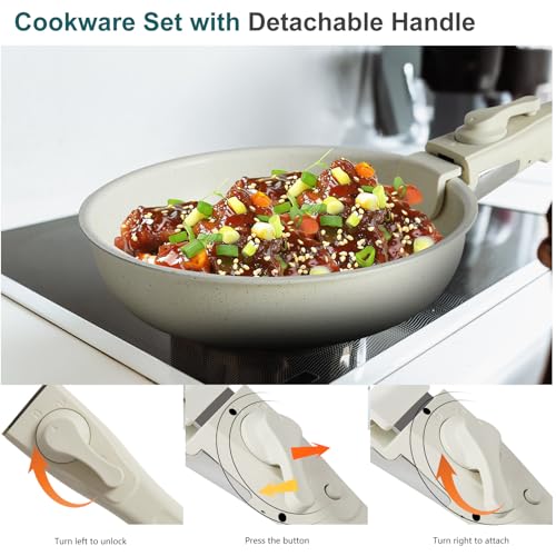 NEWBULIG 12-Piece Nonstick Cookware Set, Detachable Handle Pots and Pans, Induction Compatible Cookware, Dishwasher & Oven Safe, Space-Saving Kitchen Set, Cream White