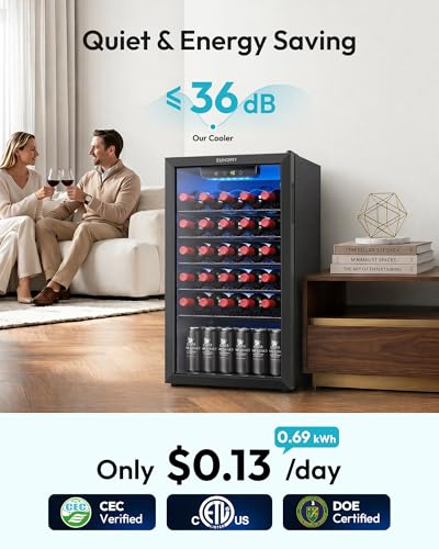EUHOMY 125 Can Wine Cooler Refrigerator, Wine Fridge Glass Door, Black