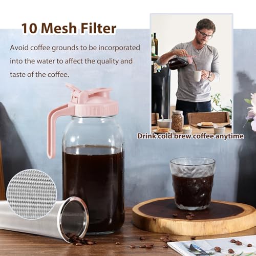 Glyntrof Cold Brew Coffee Maker Pitcher, Pink 64 Oz Heavy Duty Wide Mouth Glass Mason Jar pour spout Lid with Stainless Steel Filter for Iced Coffee, Ice Drinks