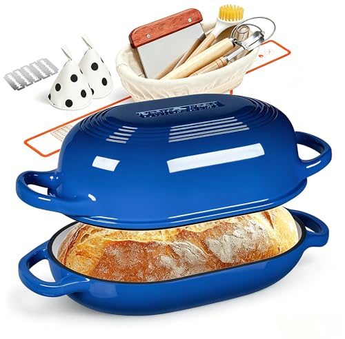 Enameled Cast Iron Dutch Oven for Bread Baking - incl. Sourdough Bread-Baking Supplies like Banneton Bread-Proofing Basket - 5QT Loaf Cast Iron Bread Oven Pan with Lid Meatloaf Pan with Lid, Sour Sough Tools, Lame(Blue）