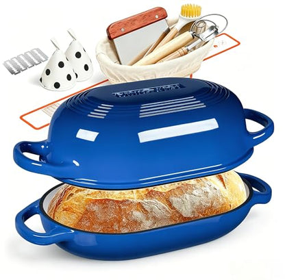 Enameled Cast Iron Dutch Oven for Bread Baking - incl. Sourdough Bread-Baking Supplies like Banneton Bread-Proofing Basket - 5QT Loaf Cast Iron Bread Oven Pan with Lid Meatloaf Pan with Lid, Sour Sough Tools, Lame(Blue）