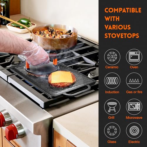 GGC Cast Iron Reversible Grill Griddle，Double Sided Grill Pan Perfect for Gas Grills and Stove Tops, 13 x 8.25 Rectangular Baking Flat and Ribbed Griddle Plate