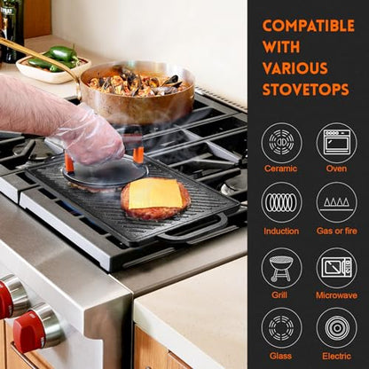 GGC Cast Iron Reversible Grill Griddle，Double Sided Grill Pan Perfect for Gas Grills and Stove Tops, 13 x 8.25 Rectangular Baking Flat and Ribbed Griddle Plate