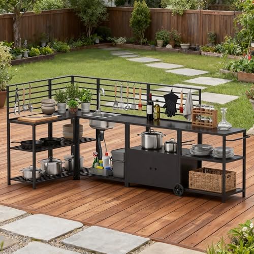 LYNSLIM 5-Piece Outdoor Grill Table Kitchen Island with Ample Storage Cabinet, Outdoor Metal Grill Cart, Independence Steel Sink & Drainage w/Faucet (Black, Outdoor Kitchen Lsland)