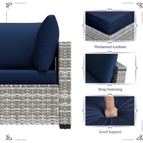 KIGOTY Patio Furniture Set,7 Pieces Modular Outdoor Sectional Sofa, PE Rattan Patio Conversation Set, All Weather Wicker Patio Furniture with Cushions and Coffee Table（Grey White/Dark Blue）