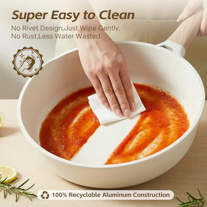 USELUCK Ceramic Nonstick Frying Pan with Lid, 4.0 QT Sauté Pan Large Capacity Skillet, Non Stick Deep Frying Pan Induction Compatible White Granite Coating PFOA/PFAS Free Non-toxic Healthy