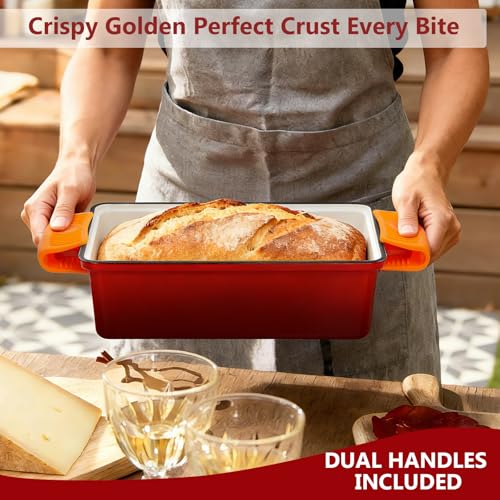 Wildone Enameled Cast Iron Bread Loaf Pan with Lid, 9x5 Sourdough Baking Pans for Homemade Bread, Cake, Meatloaf, Even Heating Bread Pans, 2-Piece Set, Red