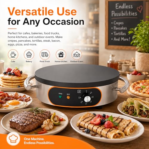 Treliamd Commercial Crepe Maker, Pancake Maker Machine, 16" Non-Stick 1500W Electric Crepe Machine Constant Temperature, Thickened Cast Iron Cooking Surface Pancakes Maker Griddle with Handle