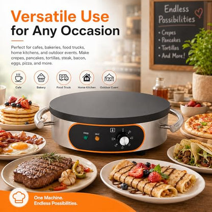 Treliamd Commercial Crepe Maker, Pancake Maker Machine, 16" Non-Stick 1500W Electric Crepe Machine Constant Temperature, Thickened Cast Iron Cooking Surface Pancakes Maker Griddle with Handle