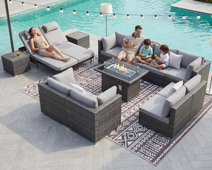 NICESOUL 13 Piece Outdoor Wicker Patio Furniture with Fire Pit, Oversized Grey Outdoor Seating Set with Fire Pit Table & Chaise Lounge, 29.3" High Back Sectional Couch Sets for Tall/Big Person