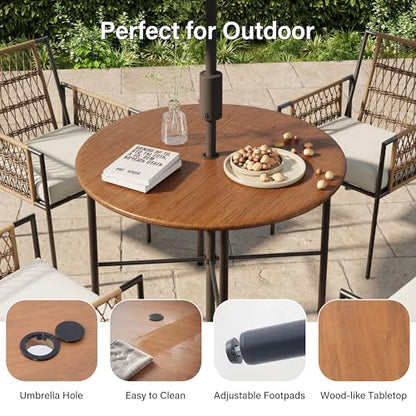 LAUSAINT HOME 5 Piece Outdoor Patio Dining Set, PE Rattan Patio Furniture Set with 4 Cushioned Armchairs & 1 Round Dining Table with Umbrella Hole, Steel Frame for Backyard, Porch, Poolside, Beige