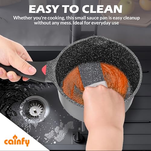 1.3 Quart Sauce Pan with Glass Lid - 6.2 Inch, Non-Stick Ceramic Coating, Induction Compatible, Even Heating - Easy Clean, Non-Toxic, Soft Cool Handle by Cainfy