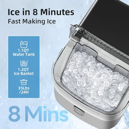 Antarctic Star Nugget Ice Makers Countertop, Pebble Ice Machine with Chewable Pellet Ice, 35Lbs/24H, Self-Cleaning, Sonic Ice, One-Click Operation, for Kitchen,Party Stainless Steel Silver