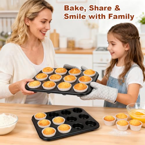 Smile Tree Muffin Pan & Cupcake Pan, 2 Pack 12-Cup Muffin Tin for Baking with 120 Cupcake Liners, Nonstick Heavy Duty Carbon Steel Cupcake Tins, Scratch Resistant Baking Pans Set for Family & Party