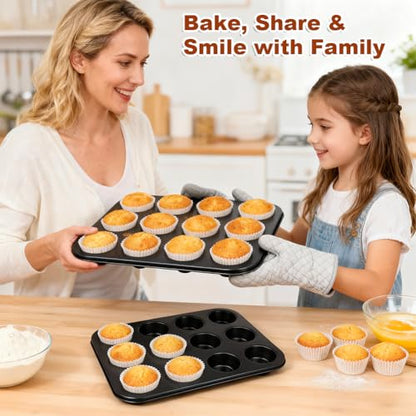 Smile Tree Muffin Pan & Cupcake Pan, 2 Pack 12-Cup Muffin Tin for Baking with 120 Cupcake Liners, Nonstick Heavy Duty Carbon Steel Cupcake Tins, Scratch Resistant Baking Pans Set for Family & Party