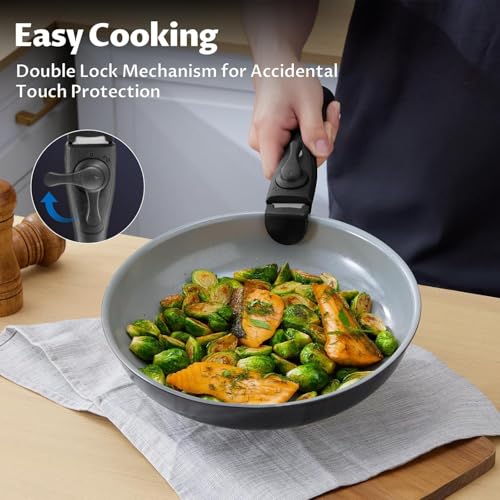 BEZIA Induction Cookware with Healthy Ceramic Coating, Camping Pots and Pans Set Nonstick 10pcs with Detachable Handles, Induction RV Kitchen Set with Removable Handles, Oven Safe