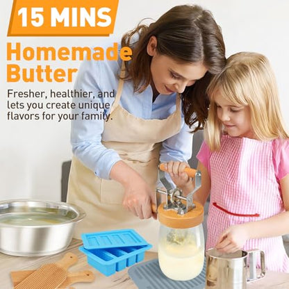 TeeMars Butter Churner - Mason Jar Butter Churner Hand Crank, 34oz Manual Butter Maker in 15 Min, Free 14 Recipes, Paddle, Mold with Lid, Cheese Cloth & Anti-slip Mat