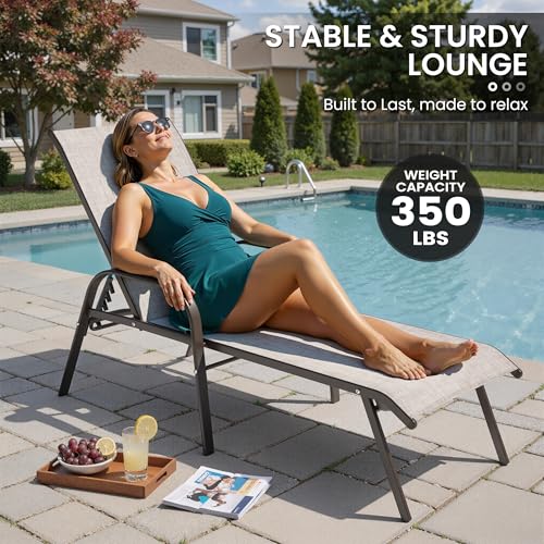 Chaise Lounge Chair Outdoor, Pool Chairs Set of 2 with Armrests (Beige)