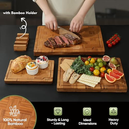 Heavy Duty Bamboo Cutting Board Set 3 Pack Non Toxic Juice Groove Charcuterie Board Book Wood Cutting Boards for Kitchen Solid End Grain Wood Chopping Board Large Butcher Block