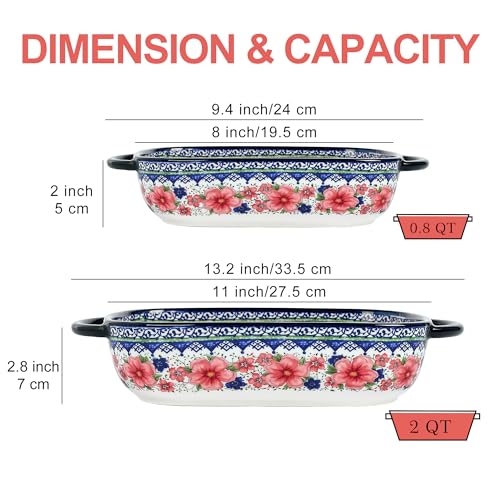 TAUFIKT Ceramic Casserole Dishes for Oven, Hand-painted Polish Pottery Baking Dish Set of 2, 0.8QT / 2QT Porcelain Casserole Dishes with Handles, Baking Pan Lasagna Pan, Gift for Family/Friend (Red)